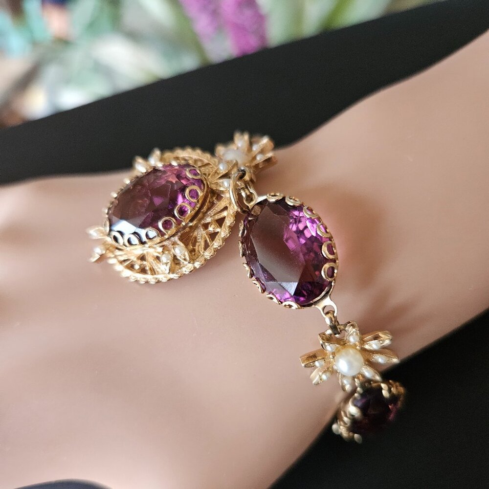 Vintage Purple Glass and Faux Pearl Flower Bracelet